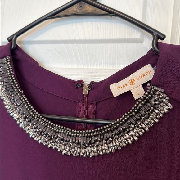 Tory Burch Pleated Plum Dress with Embellished Beaded Neckline Size Large - Picture 2 of 8